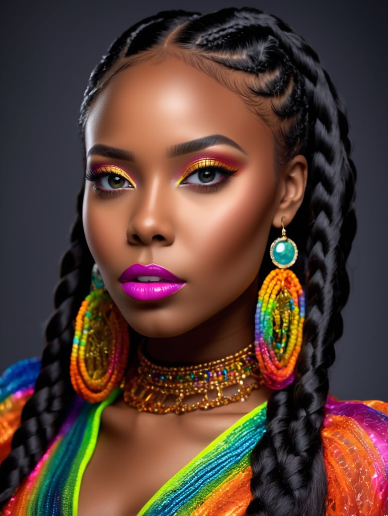 portrait of a beautiful black girl with box braids, black hair, model appearance, bright makeup, Black background with colored light behind the girl, bright blouse, full lips, contrasting light,