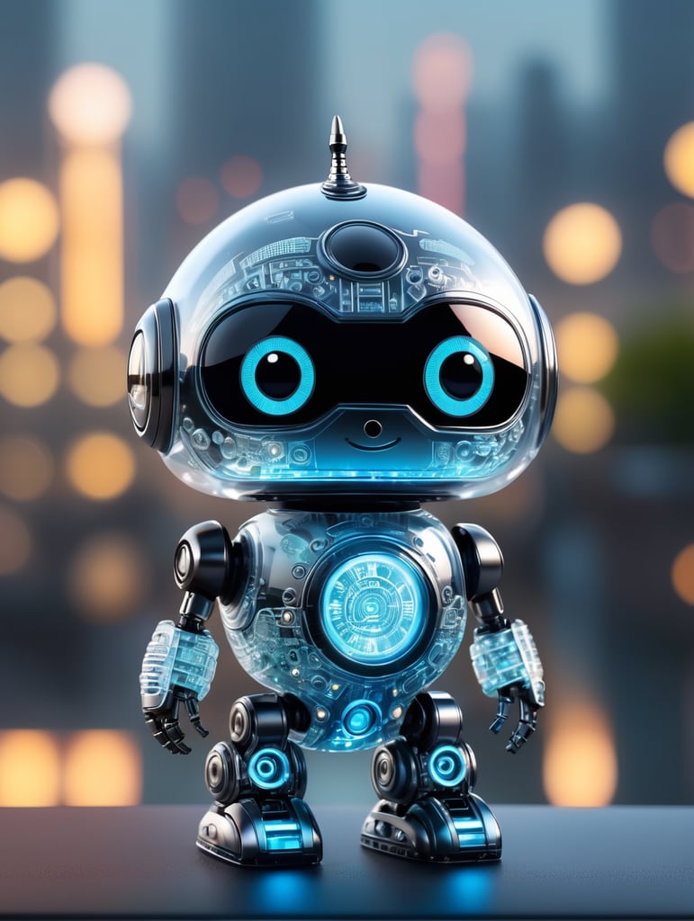 cute aesthetic, tiny robot, translucent polycarbonate, led face emoticon, intricate details, futuristic city background, depth of field