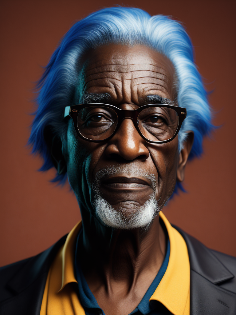 Elderly man with black skin and blue hair wearing glasses