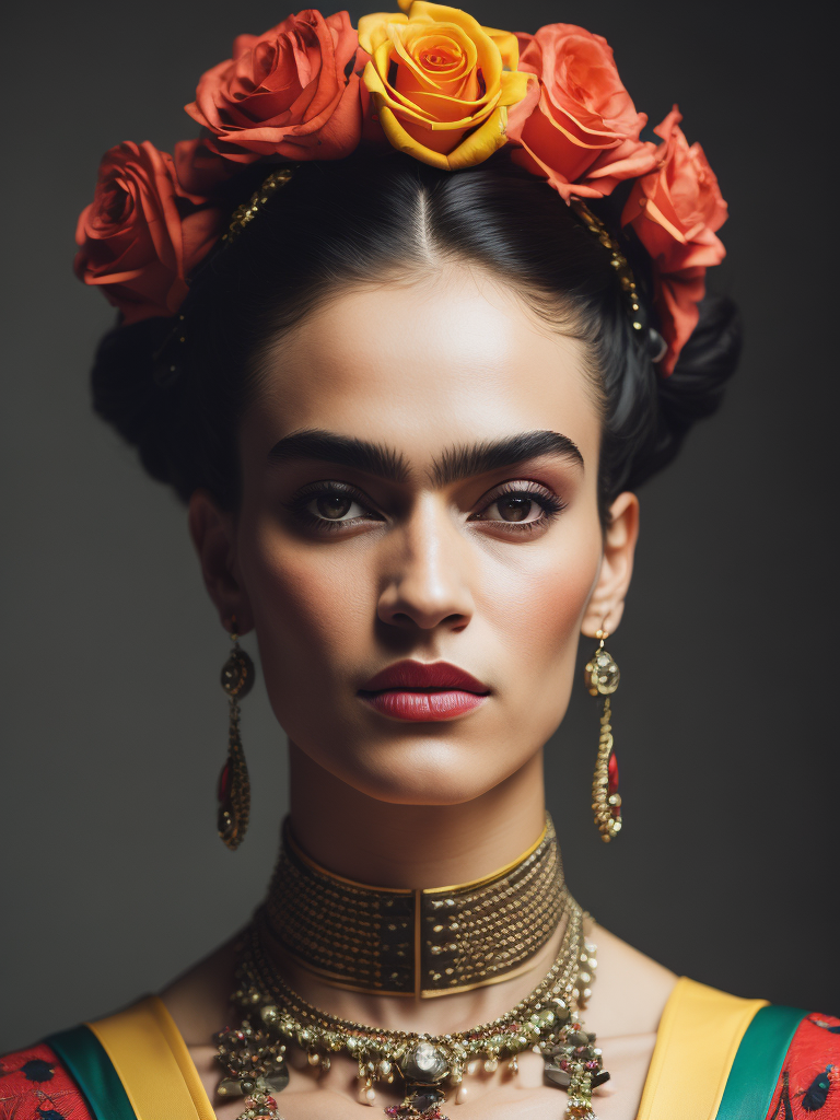 Portrait of Frida kahlo, bright and saturated colors, elegant, highly detailed, vogue, fashion magazine, sharp focus, Bright expressive makeup, Dramatic Lighting, Depth of field, Incredibly high detailed, blurred background