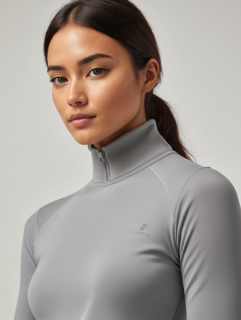 female model wearing thermal knit base layer clothing for winter. focus images more on the thermal base layer clothes.