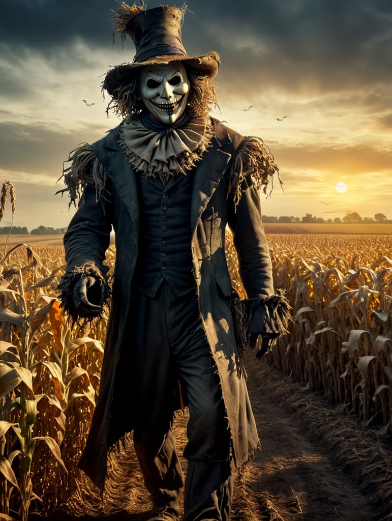 By Tim Burton, spooky Halloween eve, Tom Hanks embodying a whimsical yet eerie scarecrow, haunted cornfield, surreal horror, Halloween charm, cinematic photography, action shoot, movement, epic, high definition