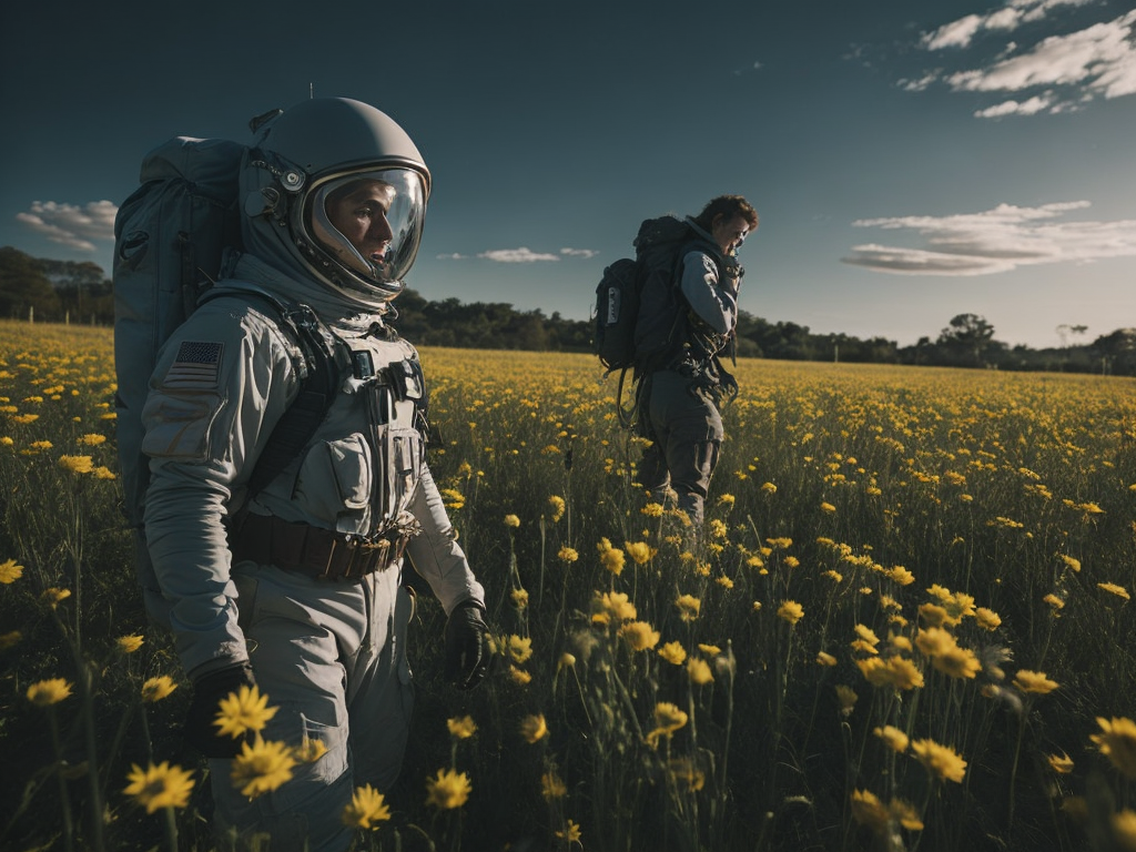 An astronaut in a field of flowers.