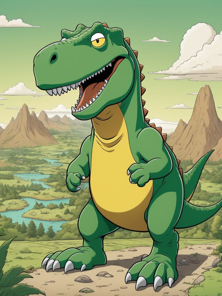The simpsons comics, full body T-rex simpsons character, wearing a green t-shirt, the simpsons cartoon landscape, the simpsons universe.