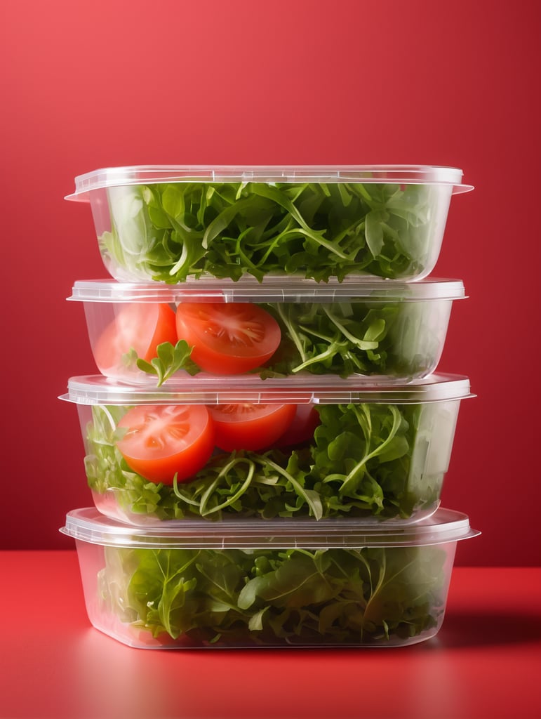 blank Transparent Plastic Container with Arugula Salad, isolated, red background, Mockup, mock up