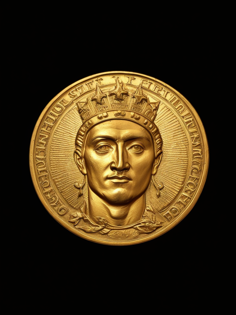 ancient gold coin with sun, carved gold