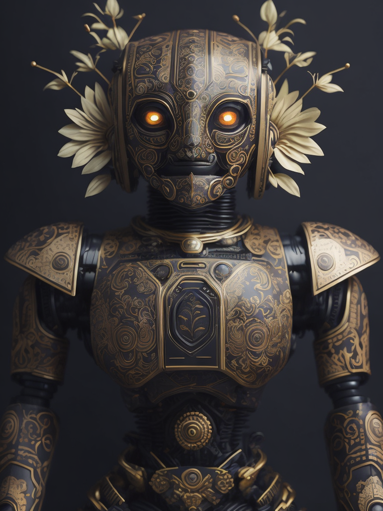 a robot is painted and decorated with flower pattern, in the style of 8k 3d, folk art-inspired illustrations, dark chiaroscuro, intricate and bizarre illustrations, maori art, close up, distinctive character design