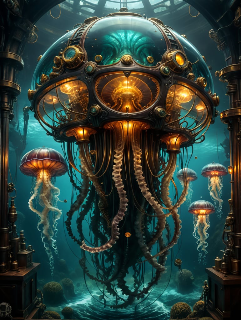 image beautiful unique steampunk artwork fantasy, steampunk style jellyfish, skilled craftsmanship, isolate, deep ocean dark setting,
