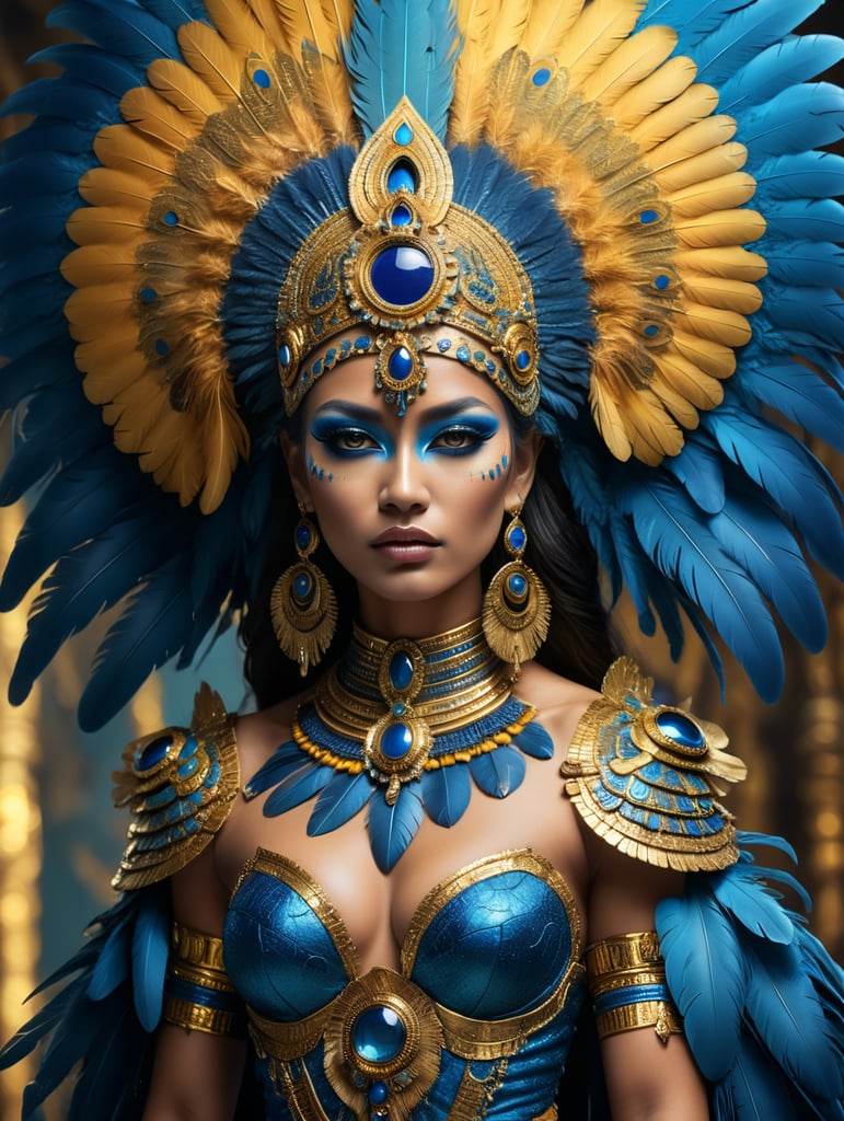 A tan skin mayan queen all blue and gold elaborate outfit, with huge headpiece center piece, blue gold makeup with oversized headdress with long bird feathers, with depth of field, fantastical edgy and regal themed outfit, captured in vivid colors, embodying the essence of fantasy, minimalist.