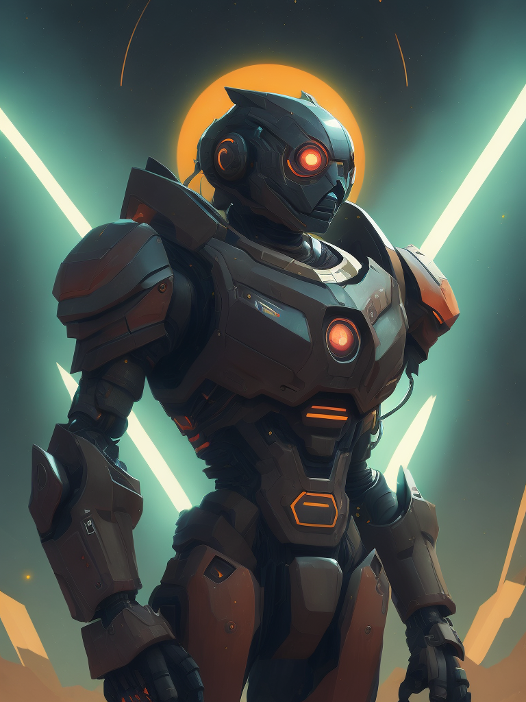 Fusion of a robot monster with an alien in the space, style of laurie greasley, studio ghibli, akira toriyama, james gilleard, genshin impact, trending pixiv fanbox, trending on artstation, low details, light colors, dark background, sharp shadows, sharp colors, simple, no complexity, make it as simple as possible, no deep details, low details