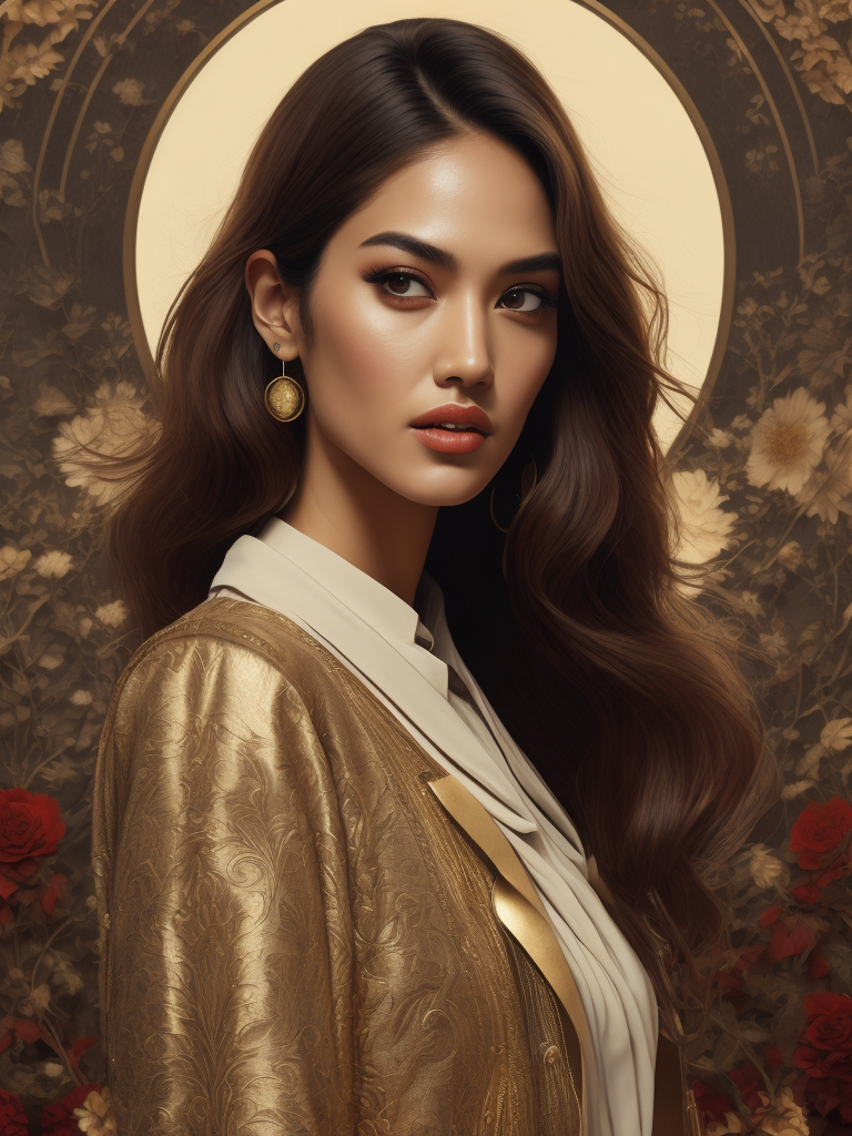 eiza gonzález portrait by ikenaga yasunari and ayana otake and ko rakusui, 60s poster, drawing, realistic, sharp focus, japanese, dreamy, nostalgia, faded, golden hues, floral clothes