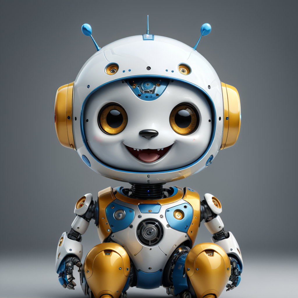 Friendly Blue Cute Chat bot for web page white face-screen with smile wheels instead legs gray background