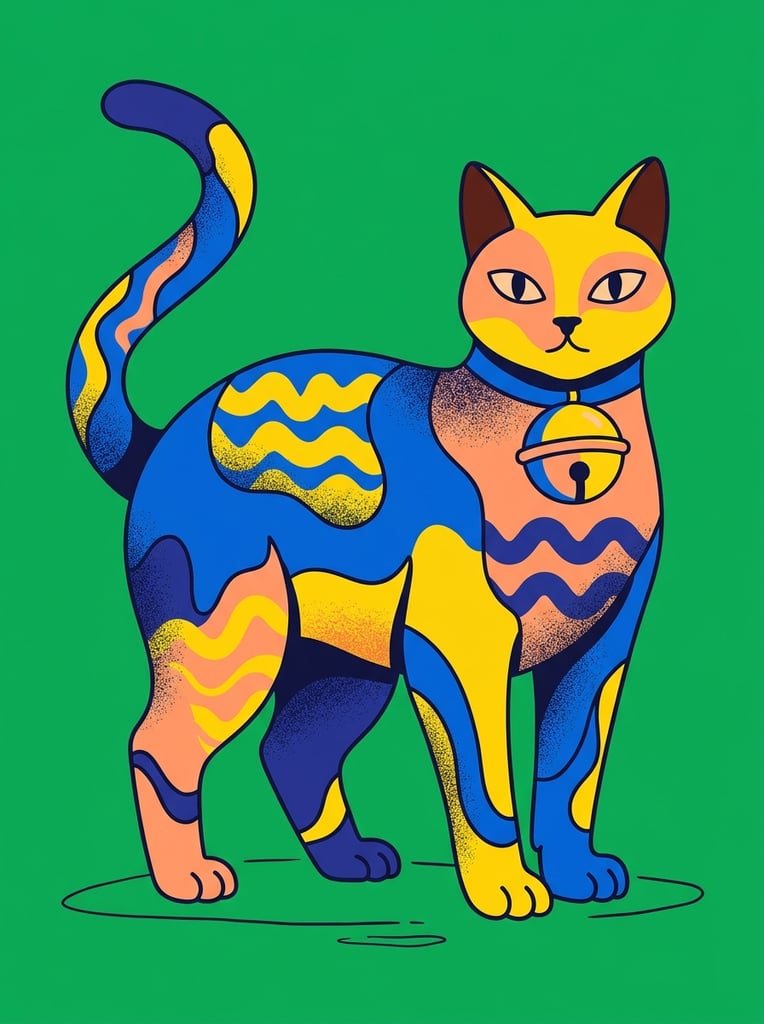 A stylized, graphic illustration of a cat adorned with bold wave patterns and a bright bell collar, centered against a solid, vibrant Kelly green background. The feline is rendered in a contemporary editorial art style characterized by flat color blocking, exaggerated proportions, and a high-contrast palette of bright yellow, primary blue, peach, and deep brown. Distinct, undulating wave shapes span the cat's body, contrasting sharply against its base colors. A simple, oversized bell collar encircles its neck. The artwork combines crisp, clean edges for the main shapes with localized, coarse stippled grain applied selectively to create minimal, risograph-style textured shading. Sparse, loose dark hand-drawn outlines define a grounded surface below the subject, emphasizing the flat, pop-infused visual aesthetic.