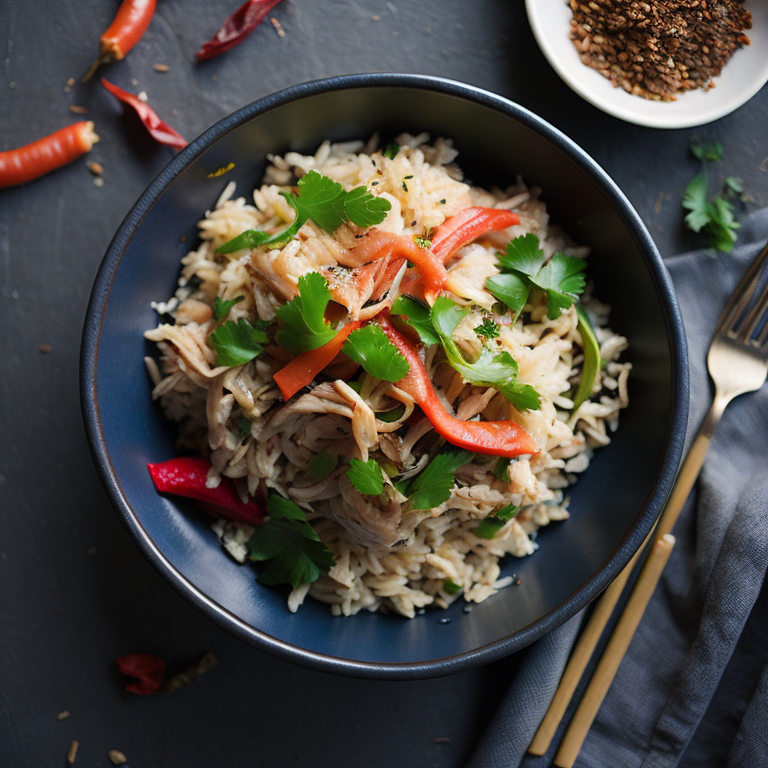 top view, thai style fried rice, shredded chicken, diced carrots, red pepper, green onions, bamboo shoot strips, chilli flakes, ginger, thai basil, unreal engine 5, very realistic, very detailed, realistic photography, 4k, 85 – mm – lens, sharp – focus, intricately – detailed, f 8, ISO 100, shutter – speed 1 125, diffuse – back – lighting, award – winning photograph, elle, small – catchlight, low – contrast, High – sharpness, depth – of – field, ultra – detailed photography, raytraced, global illumination
