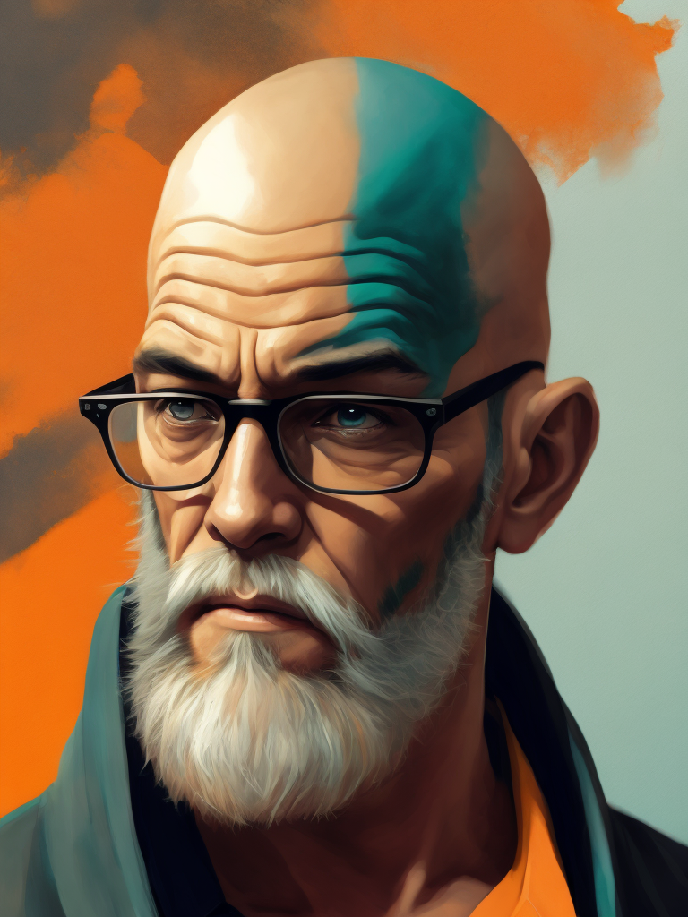 bald man with a beard in bright colors in a graphic style добрый взгляд, контрастный цвет рисованный в стиле комиксов