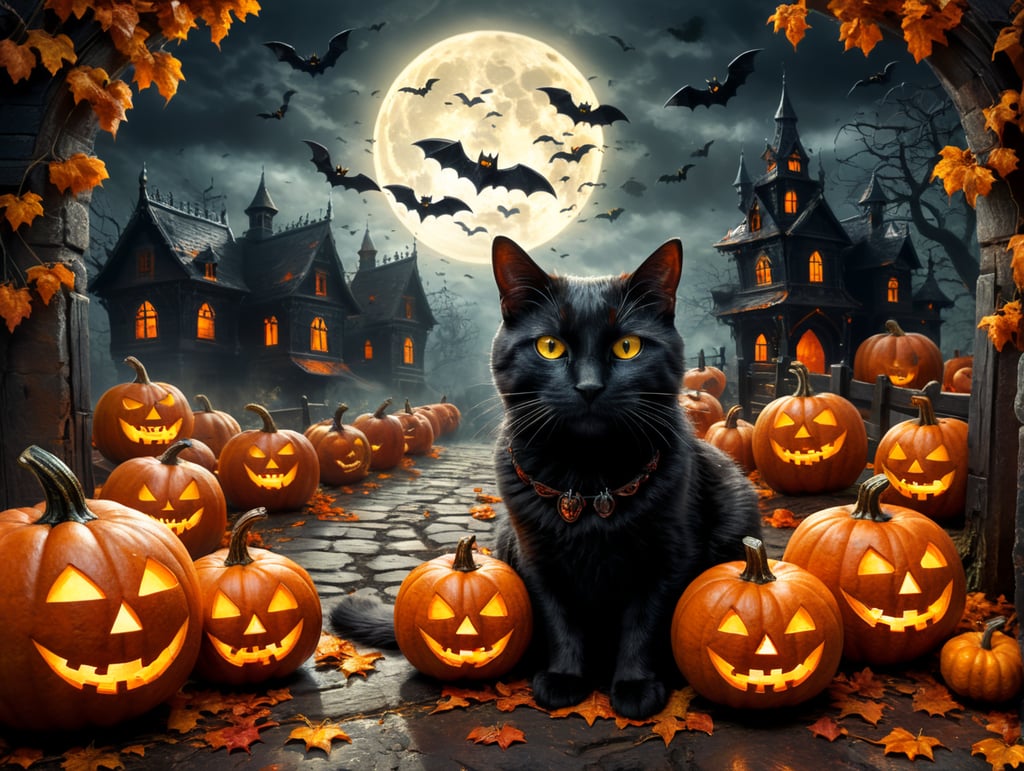 Halloween background with black cat and pumpkins. And leave some space in the middle.