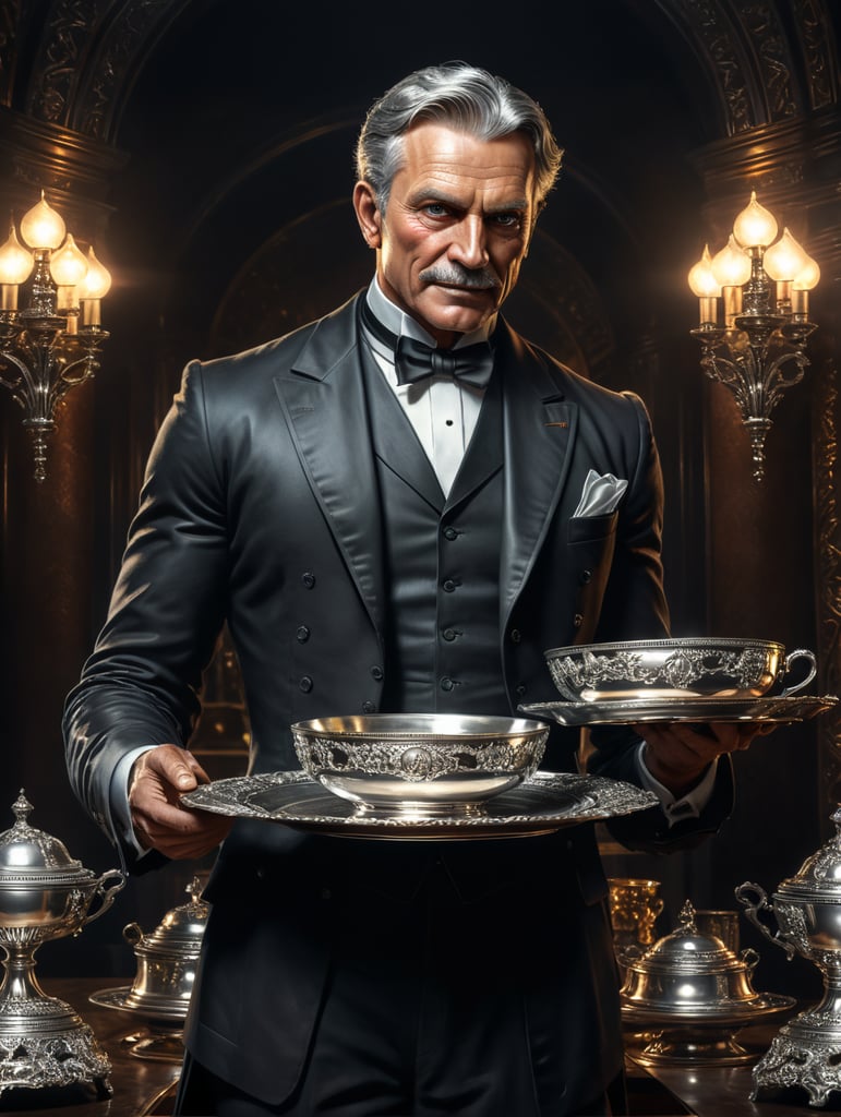 butler holding up silver plate in hands