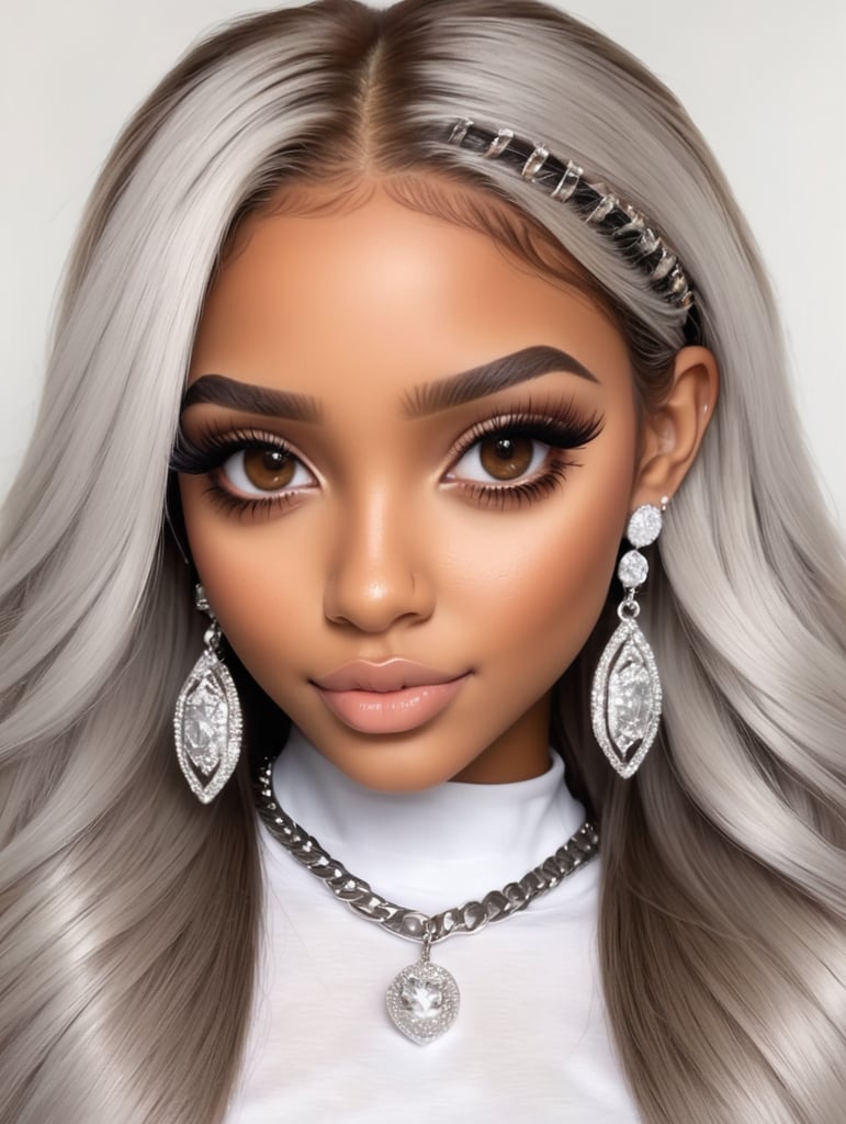 Airbrush realistic there cute brown skinned beauties,with hazel eyes with long Brazilian hair with silver hair, with a streetwear outfit, with long acrylic nails,with big 3d fals full eyelash, with big diamond rings, diamond Cuban link bracelets,chain, with diamond hoop earrings