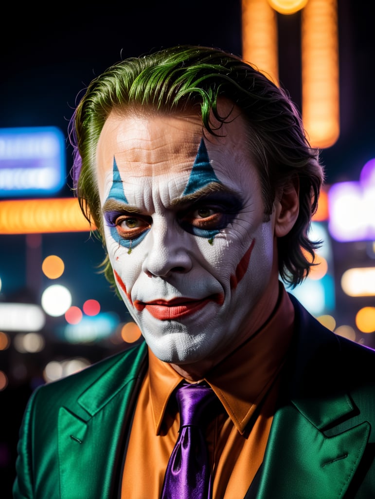 Actor Mark Hamill dressed as the Joker, smiling in a classig Joker Way. in the style of the Batman animated series, with Gotham City at night seen in the background. Spooky, madness, halloween vibe.