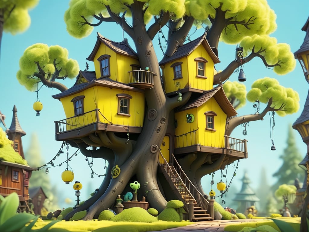 An elaborate, whimsical, bright yellow treehouse in the style of Tim Burton on a bright sunny day. The tree's leaves are an electric lime green color. the tree trunk is a dark brown.