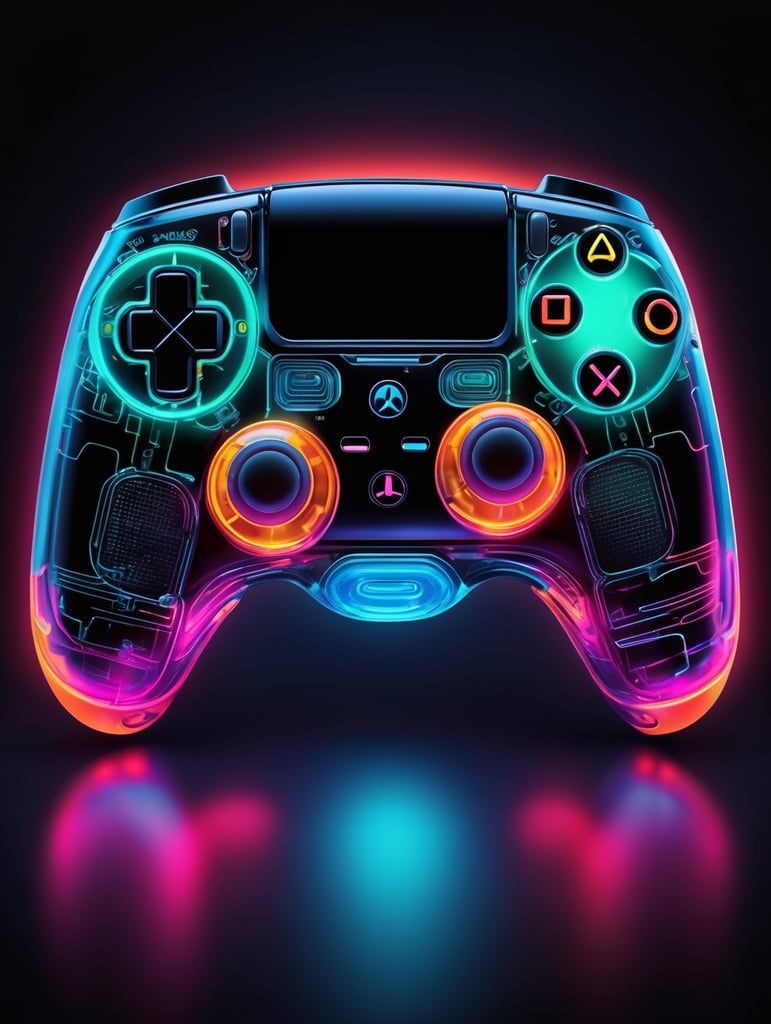 Design a futuristic, neon-colored gaming controller in the style of a playstation controller, glowing neon, semitransparent, deep vibrant colors, high details