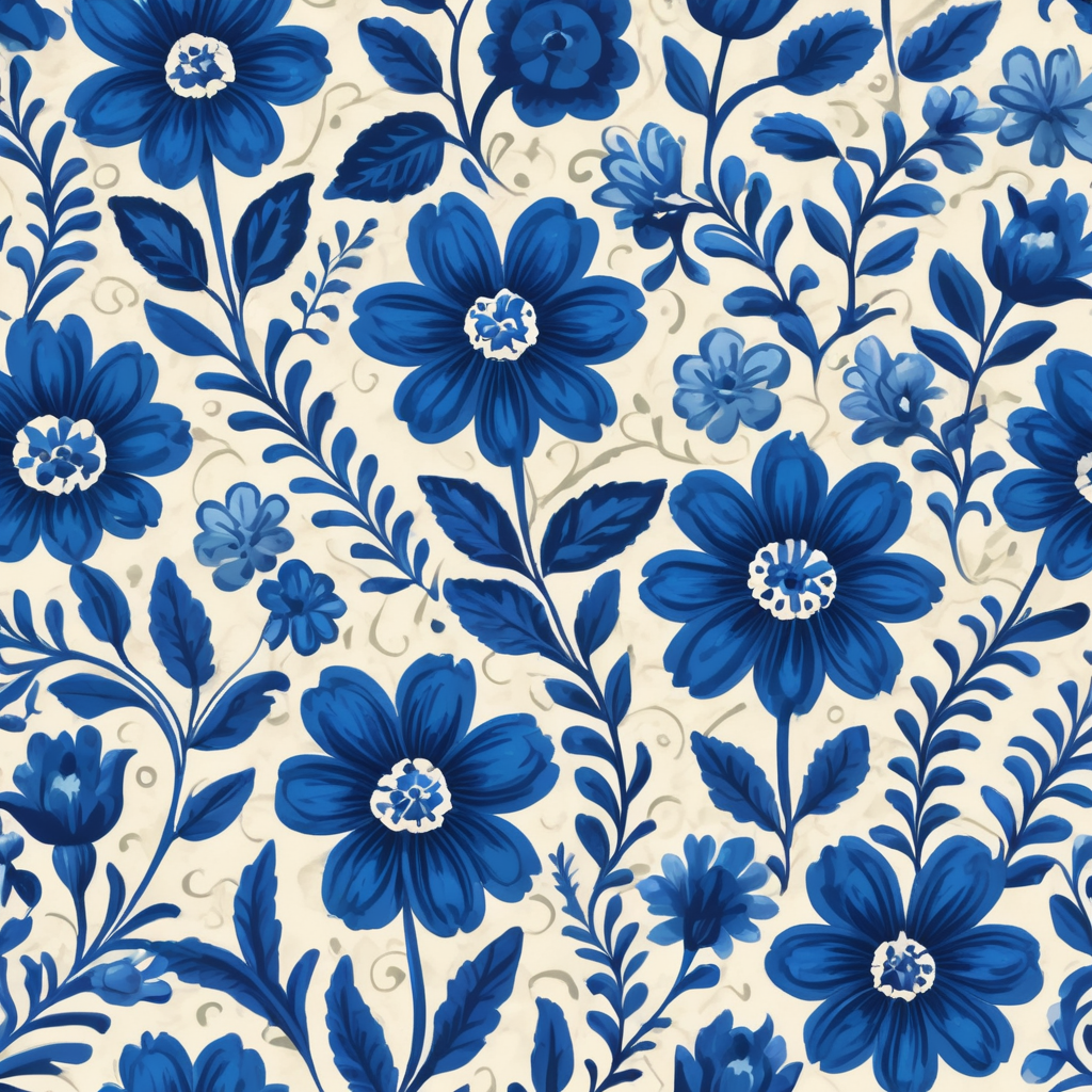 Seamless pattern beautiful floral pattern with blue flowers in the background, in the style of polish folklore motifs, juliana nan, mexican folklore - inspired, tivadar csontváry kosztka, clara peeters, texture exploration, blue color scheme, blue pallete, amoled, 264k render HD