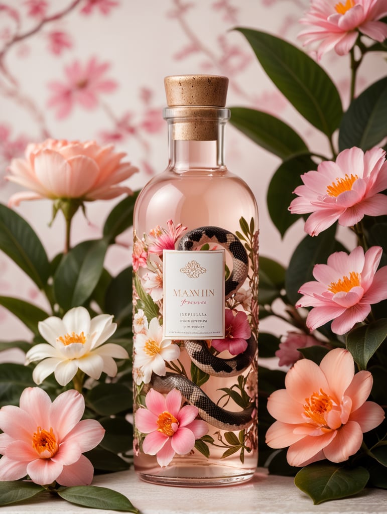 Minima perfome bottle, blanc label, snake, floral background, pink and oranhe flowers
