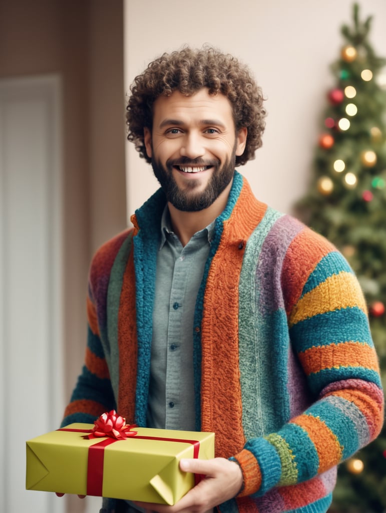 portrait of a bearded curly man wearing coloured knitted jacket, stands front camera with gift box his hand, happy birthday images, spring time
