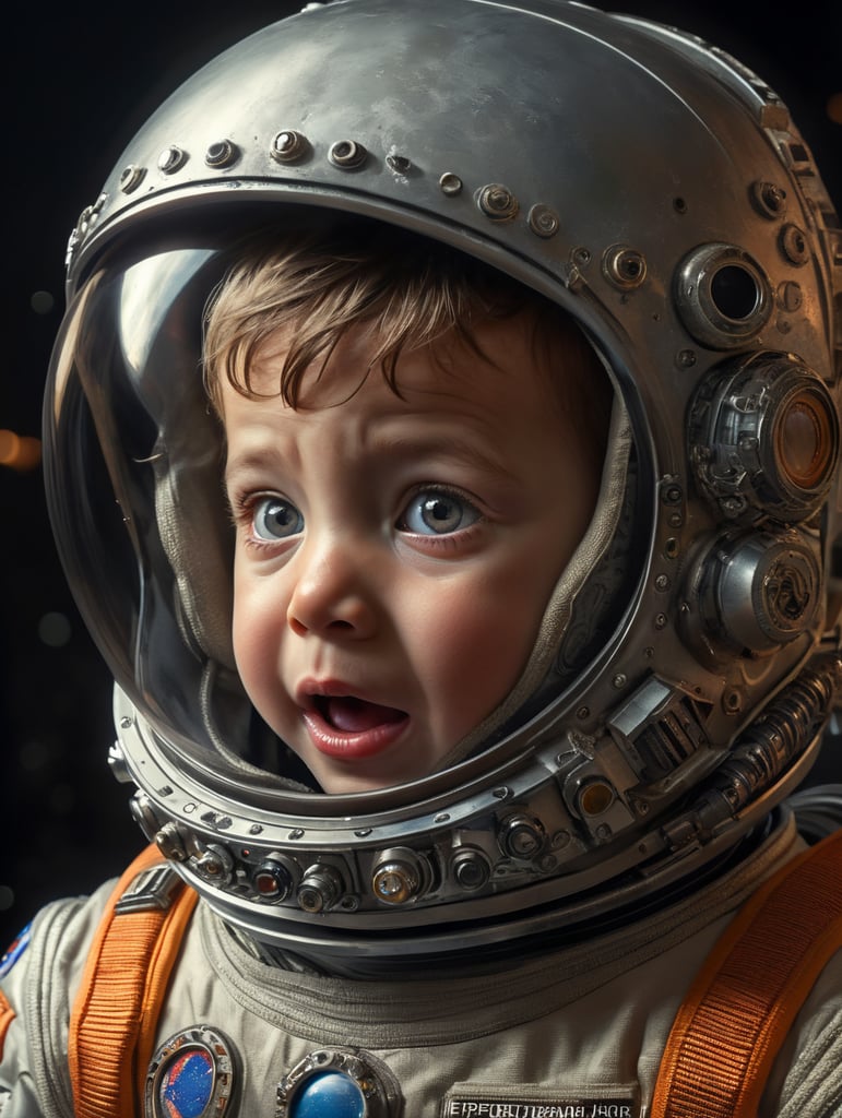 a child in a space suit with a surprised look on his face