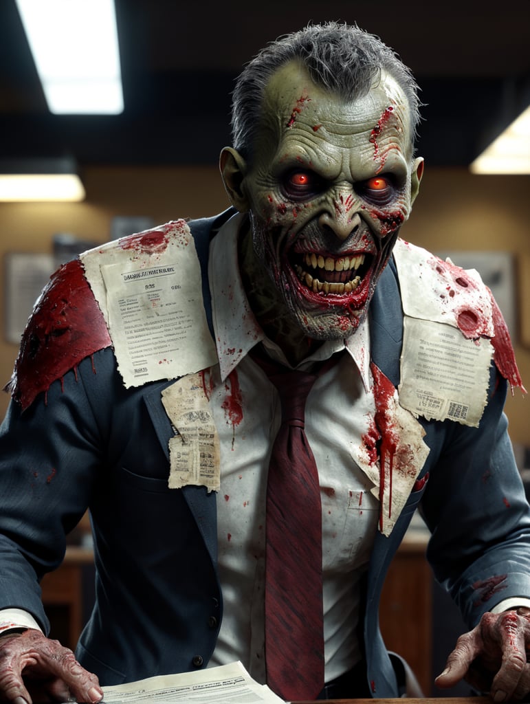 create zombie in a office doing paperwork, hyper realistic, 90 movie style. el zombie esta muy podrido. Very focused, very detailed damage skin. Very real red eyes, smiling. With cafe in the hands. Dark, scary, apocalipsis