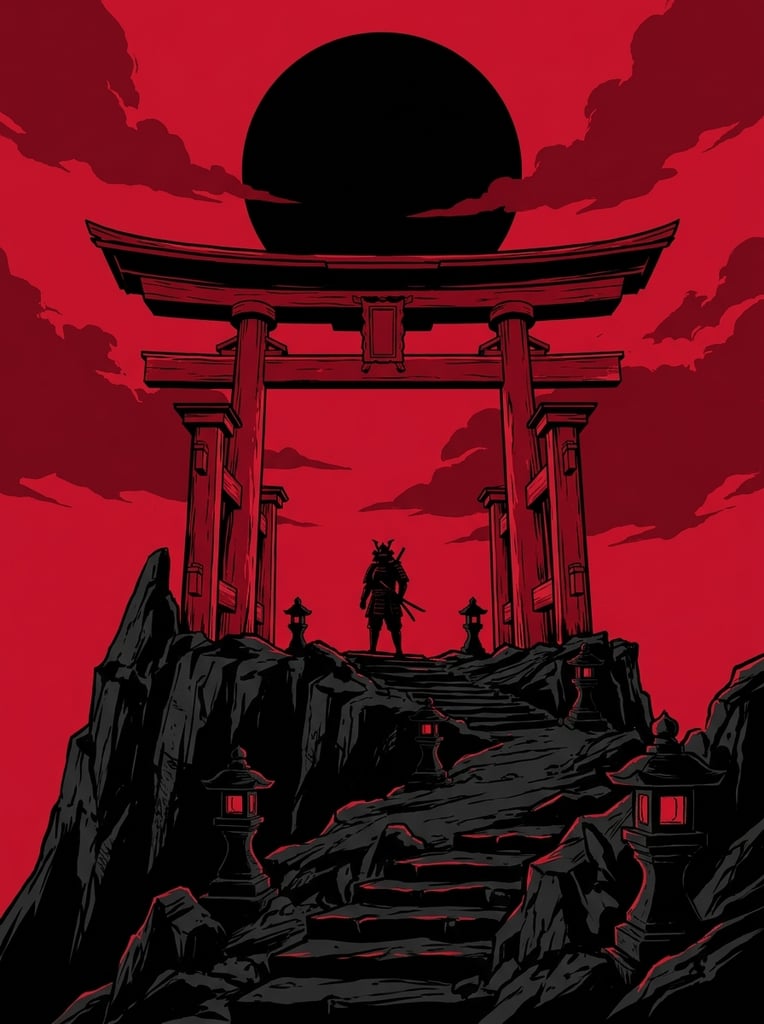 colossal red torii gate on a jagged black cliff, solitary warrior silhouetted centrally beneath the archway, stone lanterns flanking the path, massive black sphere dominating a vibrant crimson sky, dark rocky foreground terrain, minimalist two-tone palette of pure black and blood red, high-contrast graphic illustration