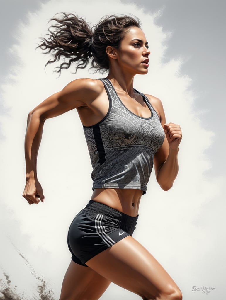 full body image of woman running isolated on white background wearing tank top and running shorts, side view,realistic, black and white, pencil art style