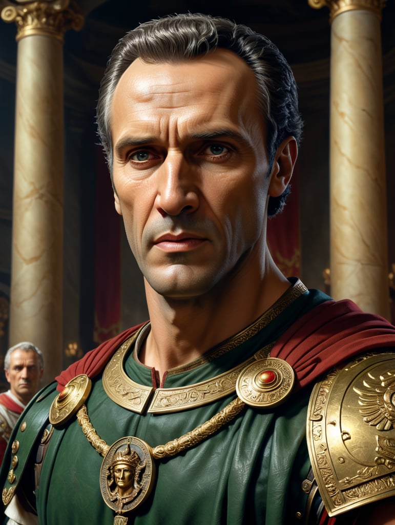 Create a digital portrait of Julius Caesar, the influential Roman statesman and military leader. Showcase his distinctive facial features, including a prominent nose and a clean-shaven, determined visage. Depict him with a Roman complexion and an air of authority. Dress him in traditional Roman attire, complete with a toga, a laurel wreath on his head, and a scroll or a tablet in his hand, symbolizing his statesmanship. Position him in a grand Roman setting, perhaps the Roman Senate or a scene from his military campaigns, to capture the essence of his historical significance.
