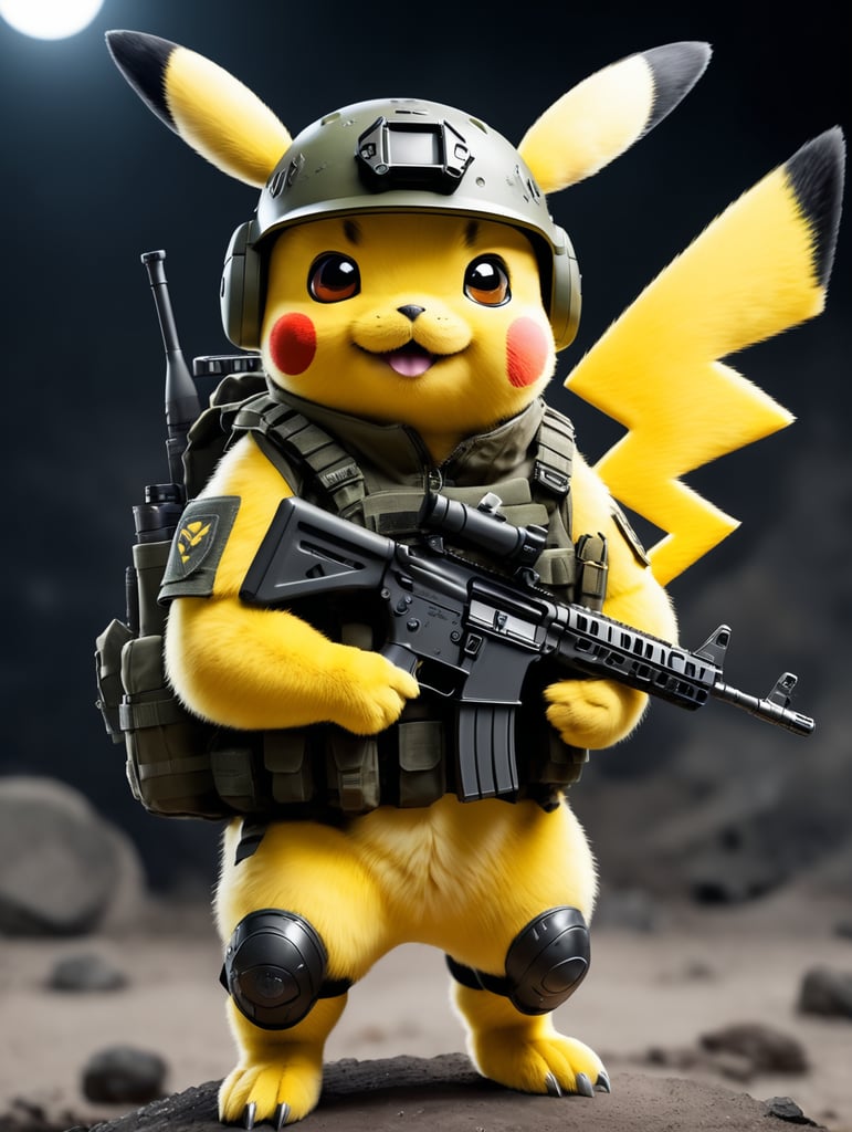 Smiling cute pikachu in tactical attire, with kalachnikov and night vision helmet