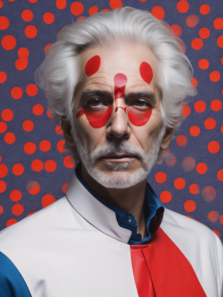 a man with white hair and a face painted like a man with red and blue circles on his face by Alejandro Jodorowsky