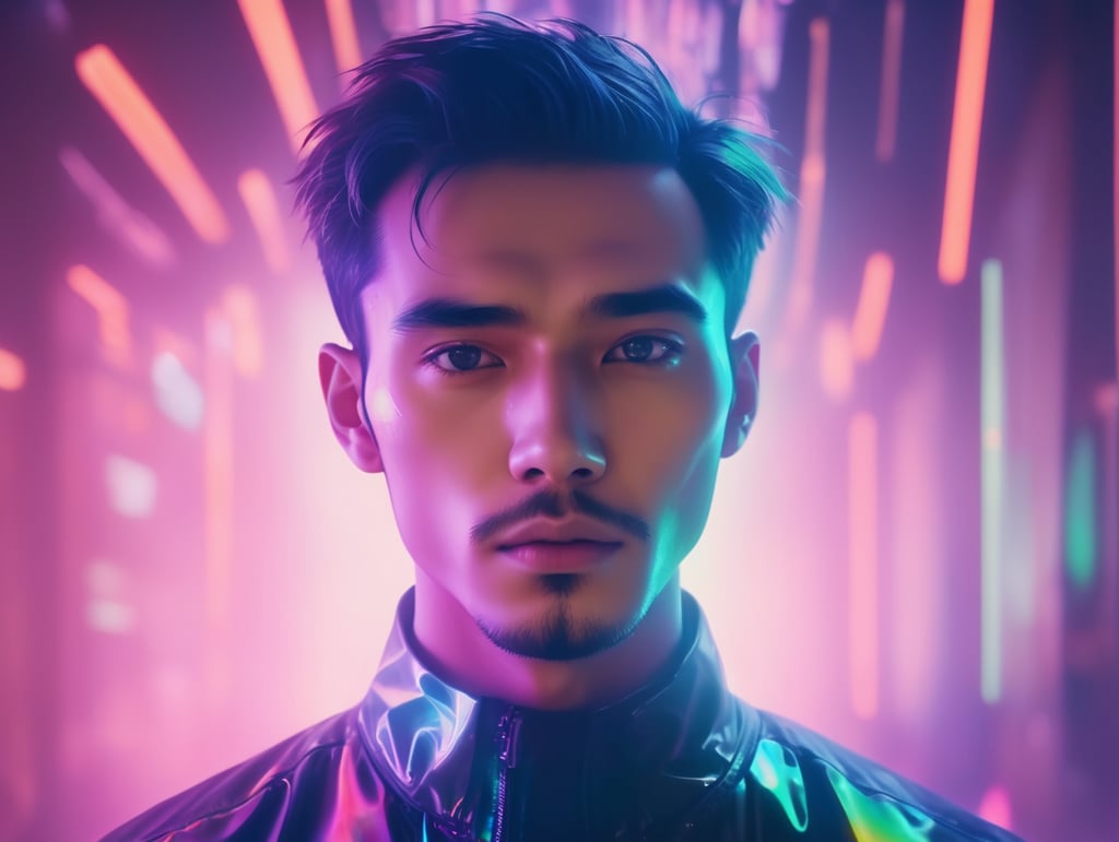 Ethereal glitchcore avatar, ghostly neon lights, transparent digital face, colorful broken static, futuristic spectral energy, vibrant holographic mist