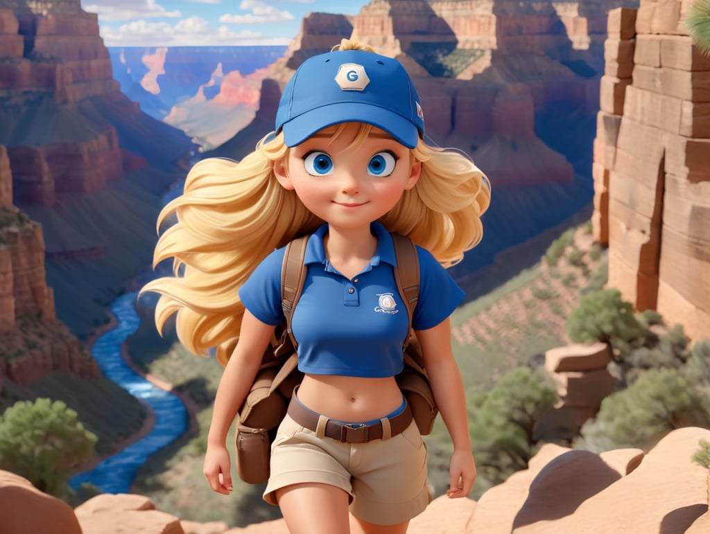 A cute teen age girl with blue eye, a baseball hat and blonde hair hikes in the grand canyon with a fanny pack