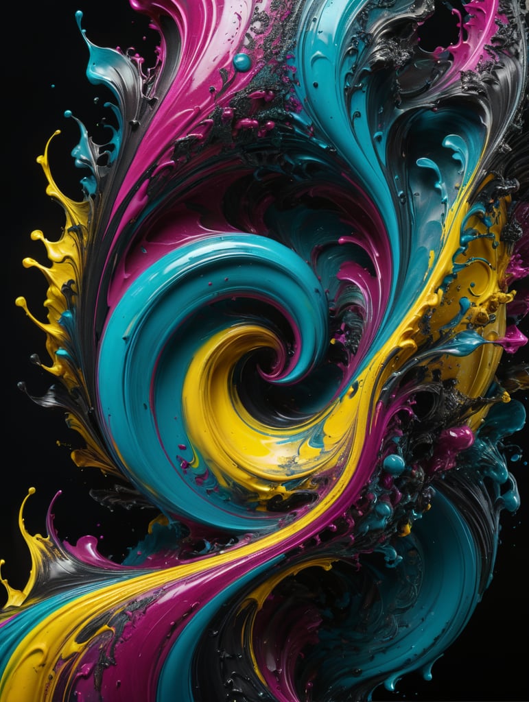 Cyan, magenta, yellow and black ink swirling and glossy