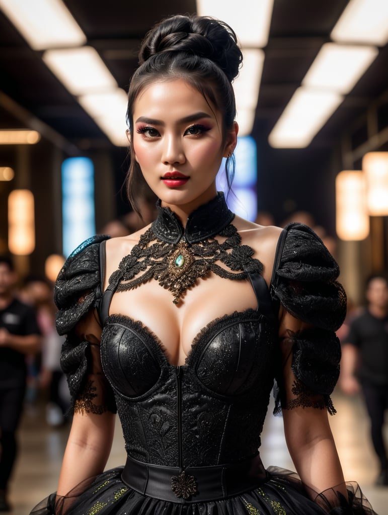 Asian female model walking down a fashion show runway, dressed in a cloths made of buns , dark short hair, neon makeup, bright eyes, luscious lips, lights are pointing at her, the audience applauds, female full body