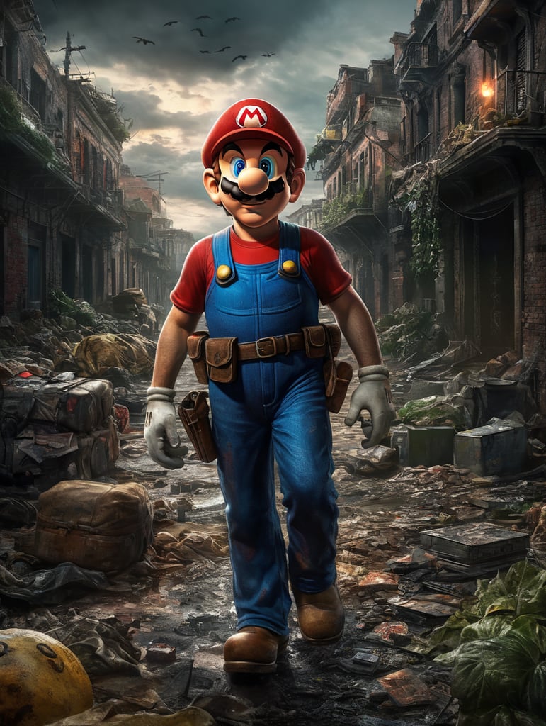 Create for me a hyperrealistic photo of Mario from Super Mario the Movie, within the post-apocalyptic setting of Resident evil and The Last Of Us
