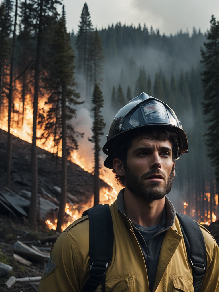 epic portrait of a Firefighter, forest fire, British Columbia Wildfire, Canada