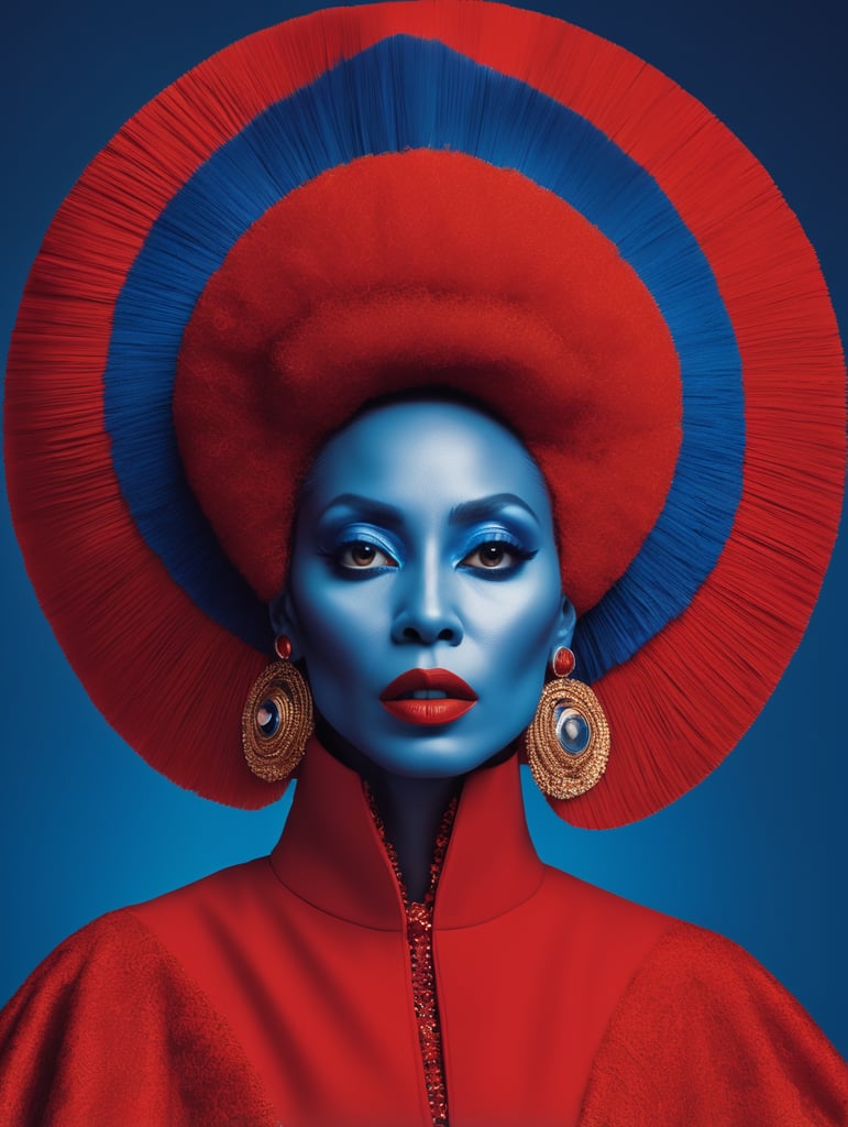 Donyale luna, avant-garde, simplygo, photoshoot spread, dressed in all red, blue background, harpers bizarre, cover, headshot, hyper realistic