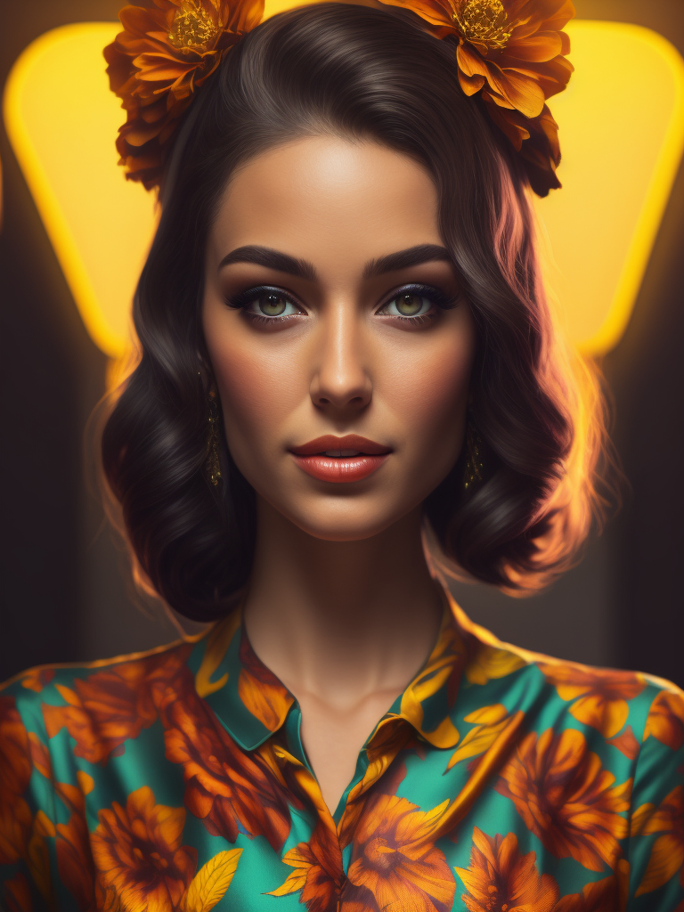 Portrait of a girl dressed in a bright dress, Bright colors, pin up style, 70s