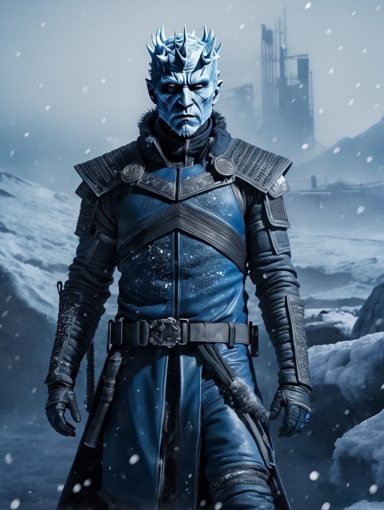 Night King, dark blue snowy background, wearing modern clothes, hyper realistic, hyper detailed male post-apocalyptic full body outfit, male character concept,