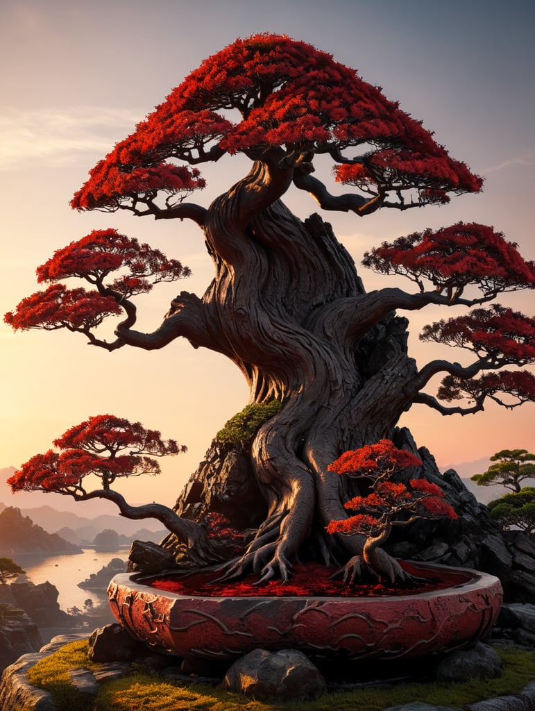 A bonsai tree in sunset light, only red and black color used, ink art