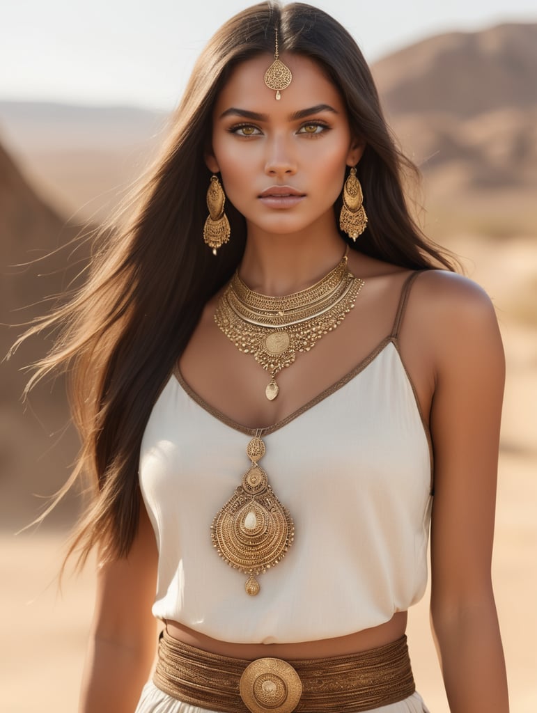 Waist up 5’10 willowy build bronzed skin young woman with golden eyes and straight long dark hair and gold jewelry in a Desert