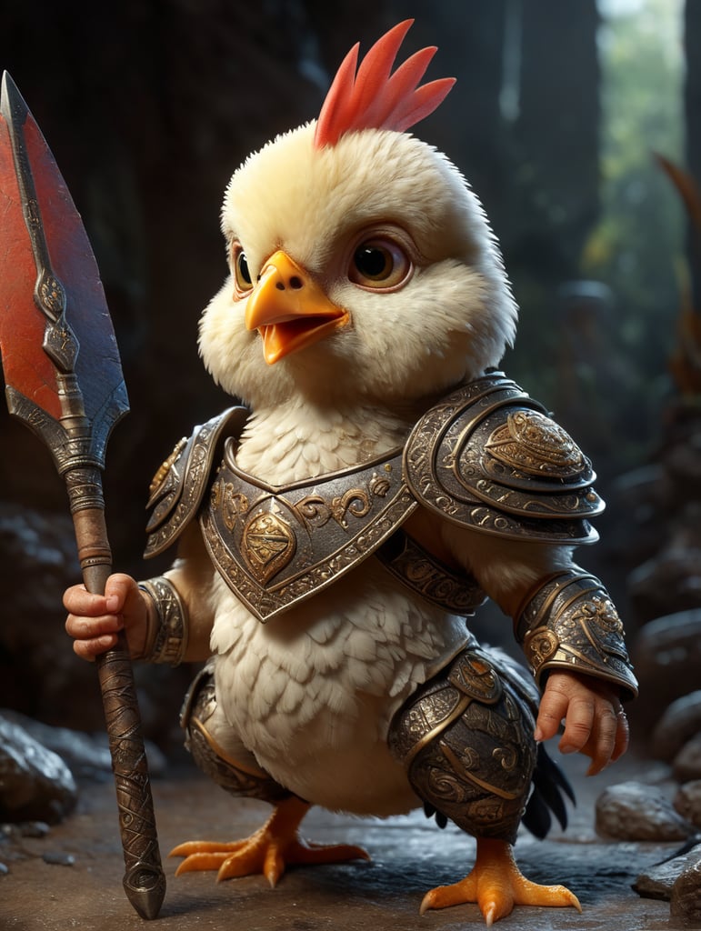 Cartoon baby chicken with spear warrior