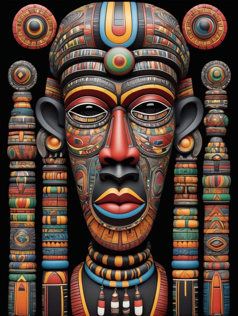 African totem in Ndebele style, bright colors, clear details, black background