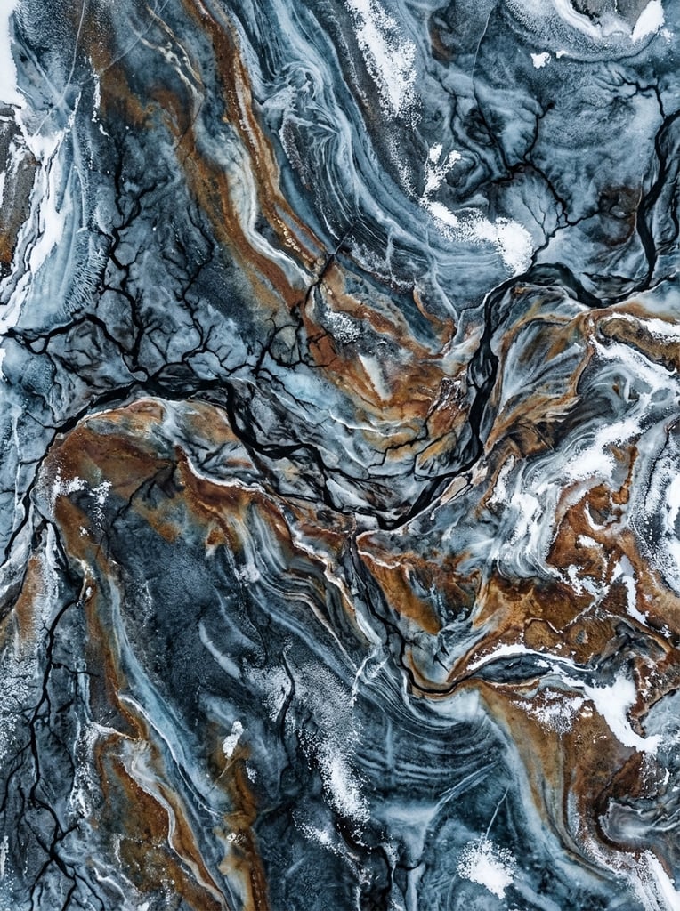 abstract aerial view of frozen earth, marbled ice textures, swirling swathes of slate blue and rust brown, branching black fractal lines resembling river veins, scattered patches of bright white frost, organic natural patterns, overhead perspective, high contrast geological formations