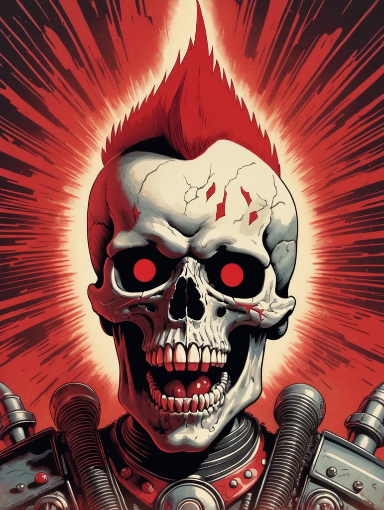 70s art skull with red Mohawk yelling with red aura lightning 70s comic